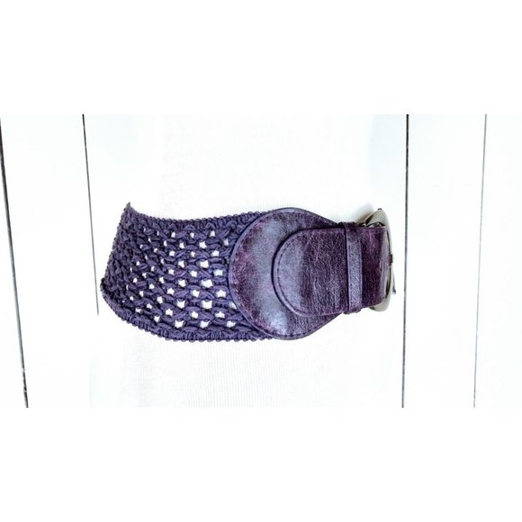 90s vintage wide stretch crochet faux leather belt / boho purple cinching belt - Picture 2 of 4